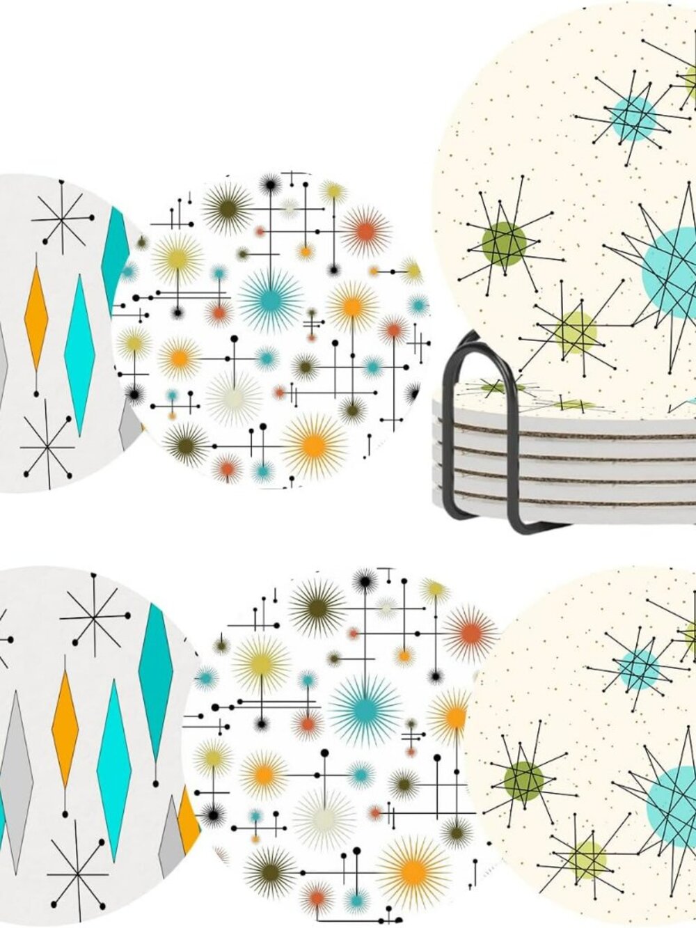 Mid Century Modern Atomic Drink Coasters‎ Set with Holder